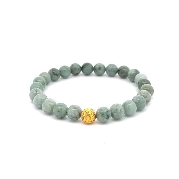 18K Gold Money Ball Lucky Bracelet Gemstones Natural Burmese Jade 6mm - Picture 1 of 5